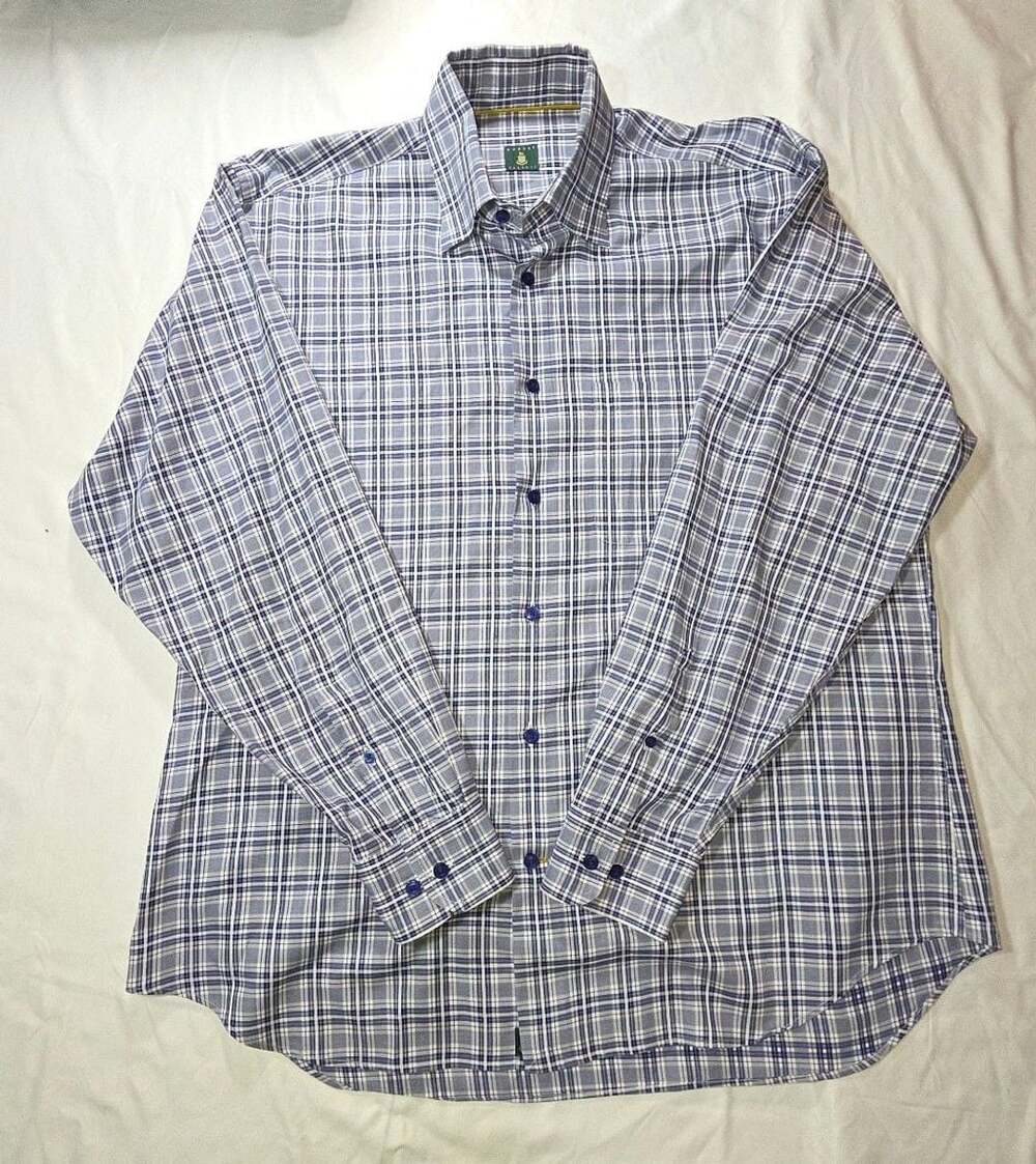 Robert Talbott Plaid Button Up Shirt Size L Blue White Cotton